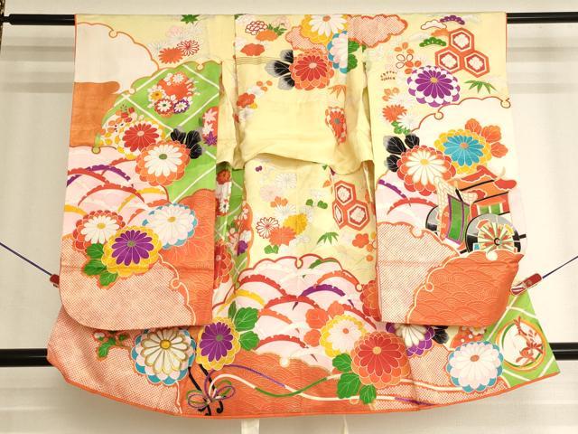 平和屋着物[]七五三　女の子　３歳　祝着　三つ身　刺繍　御所車花文　金糸　金彩　洗える着物　AABK9242ja