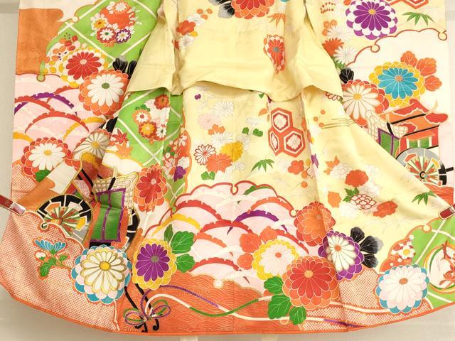 平和屋着物[]七五三　女の子　３歳　祝着　三つ身　刺繍　御所車花文　金糸　金彩　洗える着物　AABK9242ja