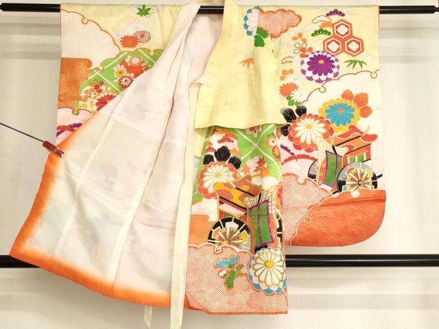 平和屋着物[]七五三　女の子　３歳　祝着　三つ身　刺繍　御所車花文　金糸　金彩　洗える着物　AABK9242ja