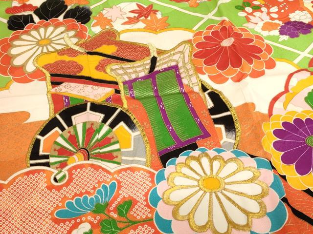 平和屋着物[]七五三　女の子　３歳　祝着　三つ身　刺繍　御所車花文　金糸　金彩　洗える着物　AABK9242ja