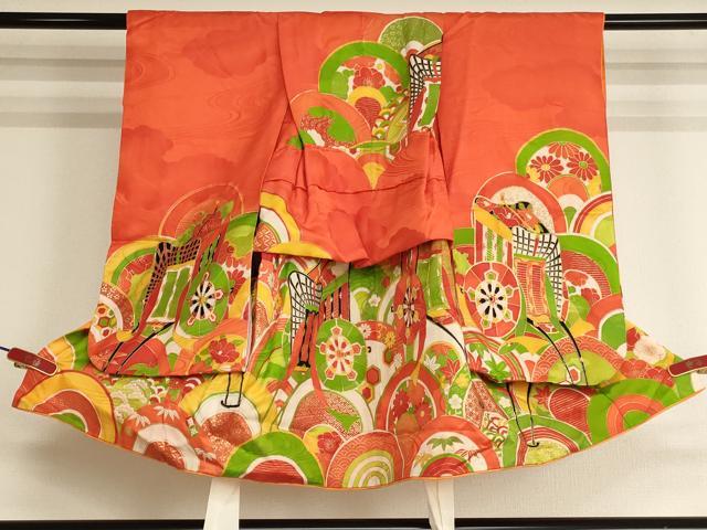 平和屋着物[]七五三　女の子　３歳　祝着　三つ身　駒刺繍　御所車花青海波　金彩　洗える着物　AABK9243ja