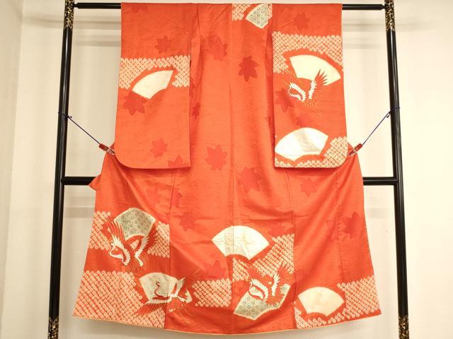 平和屋着物∵女の子　十三参り　子供　祝着　絞り　駒刺繍　飛鶴地紙花文　金銀彩　正絹　逸品　AABK9250ja