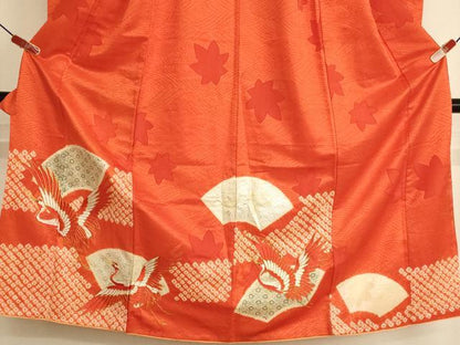 平和屋着物∵女の子　十三参り　子供　祝着　絞り　駒刺繍　飛鶴地紙花文　金銀彩　正絹　逸品　AABK9250ja