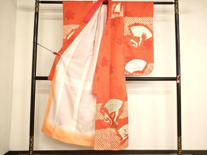 平和屋着物∵女の子　十三参り　子供　祝着　絞り　駒刺繍　飛鶴地紙花文　金銀彩　正絹　逸品　AABK9250ja