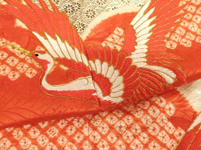 平和屋着物∵女の子　十三参り　子供　祝着　絞り　駒刺繍　飛鶴地紙花文　金銀彩　正絹　逸品　AABK9250ja