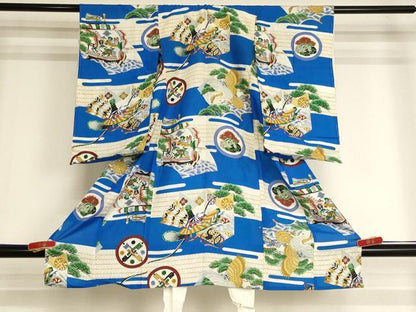 平和屋着物[]お宮参り　男の子　祝着　産着　初着　のしめ　単衣　武具　鷹　宝船　正絹　逸品　AABK9253ja