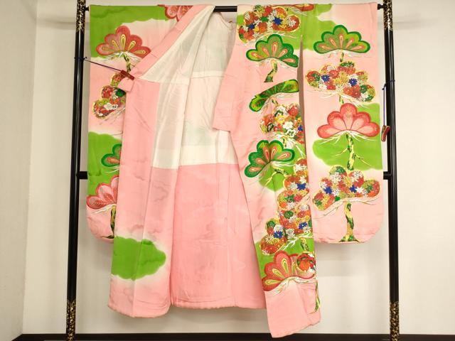 平和屋着物[]七五三　女の子　７歳　祝着　四つ身　総刺繍　駒刺繍　松　暈し染め　金銀糸　ふき綿仕立て　正絹　逸品　AABK9258ja