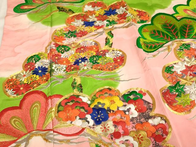 平和屋着物[]七五三　女の子　７歳　祝着　四つ身　総刺繍　駒刺繍　松　暈し染め　金銀糸　ふき綿仕立て　正絹　逸品　AABK9258ja