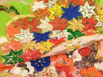 平和屋着物[]七五三　女の子　７歳　祝着　四つ身　総刺繍　駒刺繍　松　暈し染め　金銀糸　ふき綿仕立て　正絹　逸品　AABK9258ja