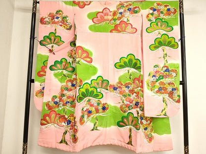 平和屋着物[]七五三　女の子　７歳　祝着　四つ身　総刺繍　駒刺繍　松　暈し染め　金銀糸　ふき綿仕立て　正絹　逸品　AABK9258ja