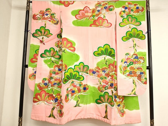 平和屋着物[]七五三　女の子　７歳　祝着　四つ身　総刺繍　駒刺繍　松　暈し染め　金銀糸　ふき綿仕立て　正絹　逸品　AABK9258ja