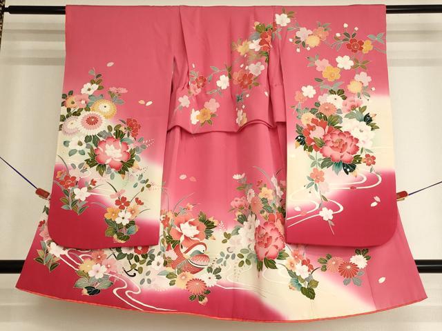 平和屋着物[]七五三　女の子　３歳　祝着　三つ身　友禅　花車鴛鴦文　暈し染め　金彩　正絹　逸品　AABK9259ja