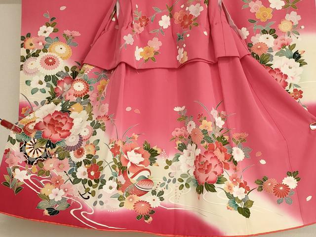 平和屋着物[]七五三　女の子　３歳　祝着　三つ身　友禅　花車鴛鴦文　暈し染め　金彩　正絹　逸品　AABK9259ja