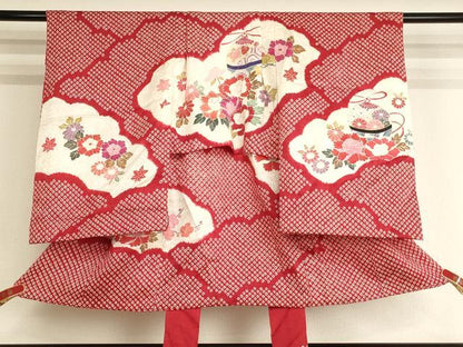 平和屋着物[]七五三　女の子　３歳　祝着　一つ身　絞り　雲取り花文　鈴文　金彩　正絹　逸品　AABK9264ja