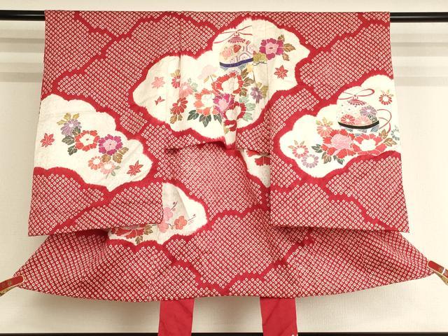 平和屋着物[]七五三　女の子　３歳　祝着　一つ身　絞り　雲取り花文　鈴文　金彩　正絹　逸品　AABK9264ja