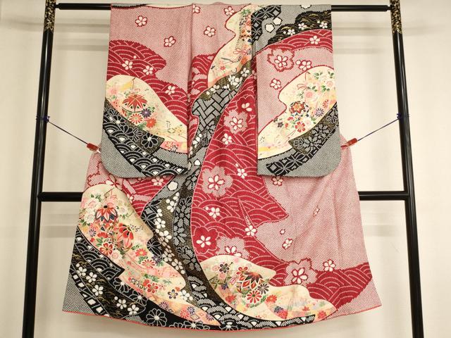 平和屋着物[]七五三　女の子　７歳　祝着　四つ身　駒刺繍　花手毬文　金彩　正絹　逸品　AABK9265ja
