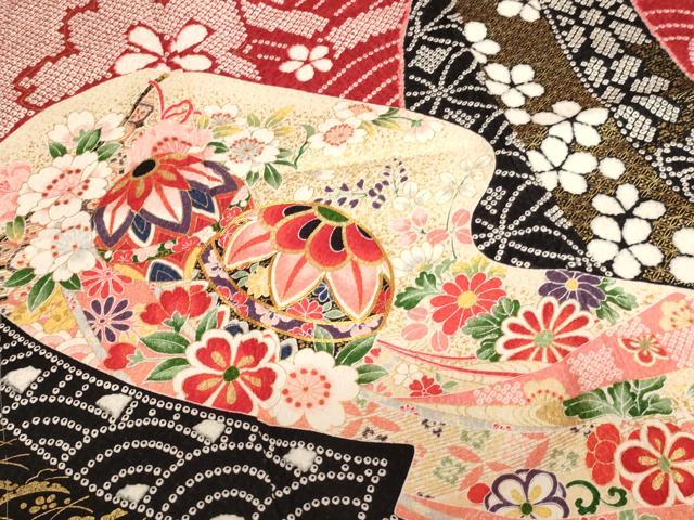 平和屋着物[]七五三　女の子　７歳　祝着　四つ身　駒刺繍　花手毬文　金彩　正絹　逸品　AABK9265ja
