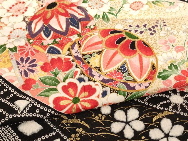 平和屋着物[]七五三　女の子　７歳　祝着　四つ身　駒刺繍　花手毬文　金彩　正絹　逸品　AABK9265ja