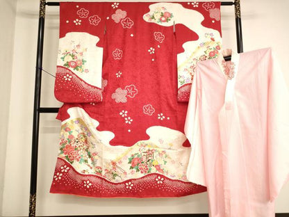 平和屋着物[]七五三 女の子 ７歳 祝着 四つ身 長襦袢(無双仕立て・半衿刺繍)セット 絞り 刺繍 花手毬文 金糸 金彩 逸品 AABK9266ja