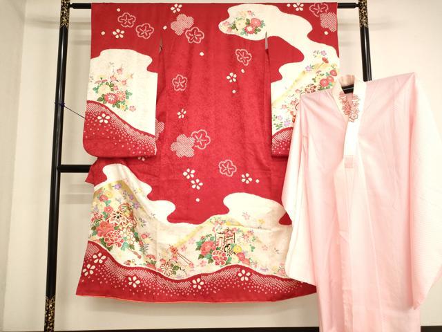 平和屋着物[]七五三 女の子 ７歳 祝着 四つ身 長襦袢(無双仕立て・半衿刺繍)セット 絞り 刺繍 花手毬文 金糸 金彩 逸品 AABK9266ja