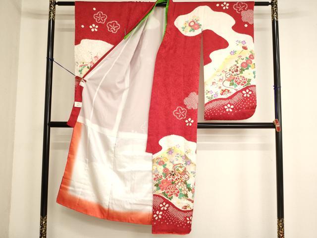平和屋着物[]七五三 女の子 ７歳 祝着 四つ身 長襦袢(無双仕立て・半衿刺繍)セット 絞り 刺繍 花手毬文 金糸 金彩 逸品 AABK9266ja
