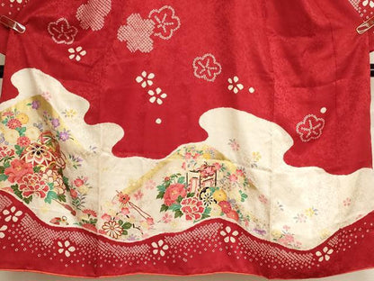 平和屋着物[]七五三 女の子 ７歳 祝着 四つ身 長襦袢(無双仕立て・半衿刺繍)セット 絞り 刺繍 花手毬文 金糸 金彩 逸品 AABK9266ja