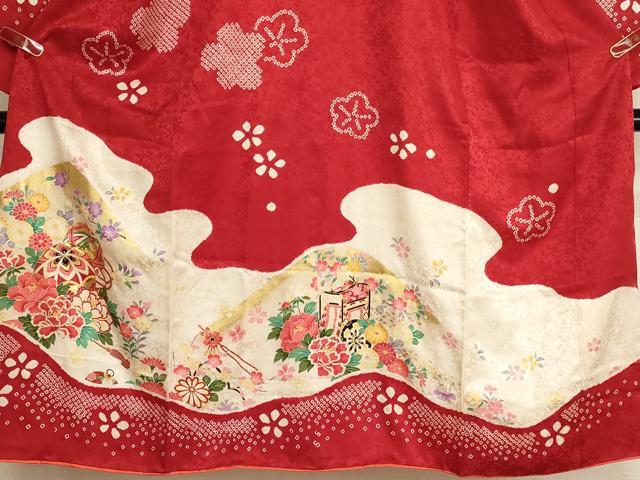 平和屋着物[]七五三 女の子 ７歳 祝着 四つ身 長襦袢(無双仕立て・半衿刺繍)セット 絞り 刺繍 花手毬文 金糸 金彩 逸品 AABK9266ja