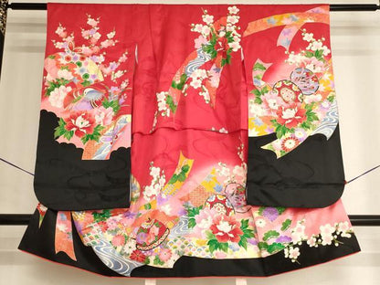 平和屋着物[]七五三　女の子　３歳　祝着　三つ身　束ね熨斗花鼓文　暈し染め　金彩　正絹　逸品　AABK9267ja