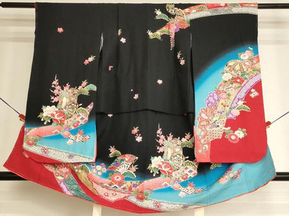 平和屋着物[]七五三　女の子　３歳　祝着　三つ身　鬘帯扇面花文　暈し染め　黒地　金彩　正絹　逸品　未使用　AABK9268ja