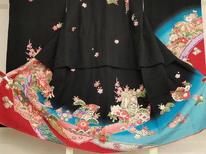 平和屋着物[]七五三　女の子　３歳　祝着　三つ身　鬘帯扇面花文　暈し染め　黒地　金彩　正絹　逸品　未使用　AABK9268ja