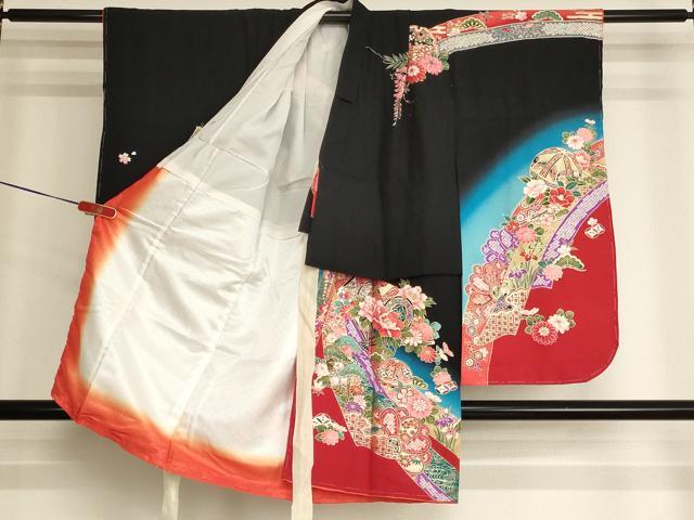 平和屋着物[]七五三　女の子　３歳　祝着　三つ身　鬘帯扇面花文　暈し染め　黒地　金彩　正絹　逸品　未使用　AABK9268ja