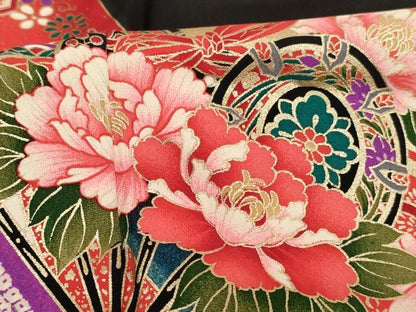 平和屋着物[]七五三　女の子　３歳　祝着　三つ身　鬘帯扇面花文　暈し染め　黒地　金彩　正絹　逸品　未使用　AABK9268ja