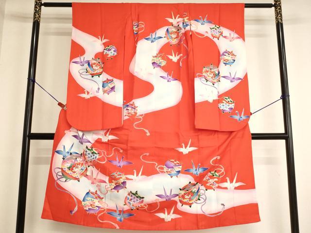 平和屋着物[]七五三　女の子　７歳　祝着　四つ身　糸巻き折り鶴文　暈し染め　金彩　AABK9271ja