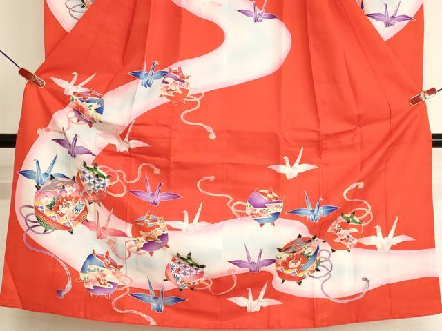 平和屋着物[]七五三　女の子　７歳　祝着　四つ身　糸巻き折り鶴文　暈し染め　金彩　AABK9271ja