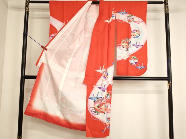 平和屋着物[]七五三　女の子　７歳　祝着　四つ身　糸巻き折り鶴文　暈し染め　金彩　AABK9271ja