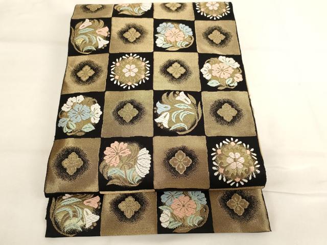 平和屋着物[]西陣　服部織物謹製　子供　全通柄袋帯　市松花丸文　黒地　金糸　正絹　逸品　未使用　AABK9276ja
