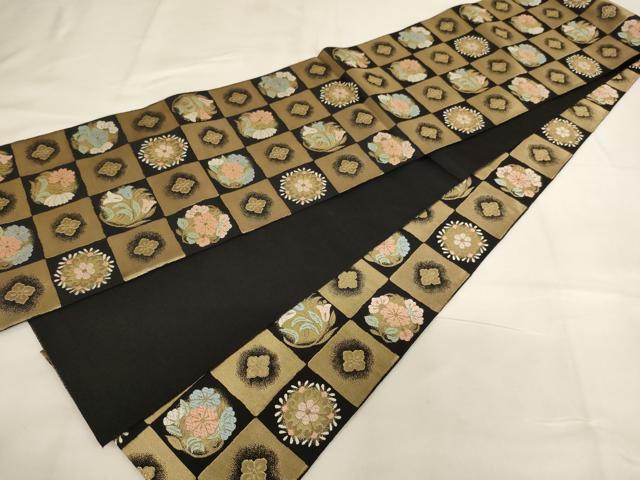 平和屋着物[]西陣　服部織物謹製　子供　全通柄袋帯　市松花丸文　黒地　金糸　正絹　逸品　未使用　AABK9276ja
