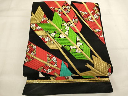 平和屋着物[]子供　全通柄袋帯　矢羽文　黒地　金銀糸　AABK9279ja