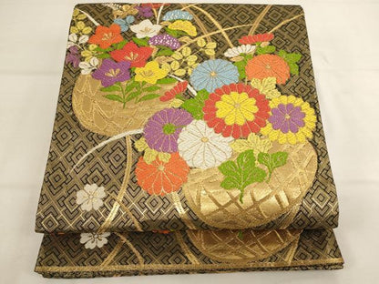平和屋着物[]佐賀錦　子供　全通柄袋帯　唐織　花籠文　黒地　金糸　正絹　逸品　AABK9280ja
