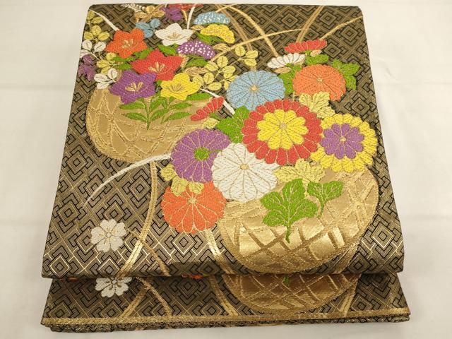 平和屋着物[]佐賀錦　子供　全通柄袋帯　唐織　花籠文　黒地　金糸　正絹　逸品　AABK9280ja