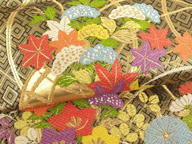平和屋着物[]佐賀錦　子供　全通柄袋帯　唐織　花籠文　黒地　金糸　正絹　逸品　AABK9280ja