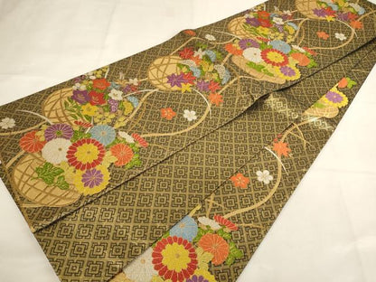 平和屋着物[]佐賀錦　子供　全通柄袋帯　唐織　花籠文　黒地　金糸　正絹　逸品　AABK9280ja