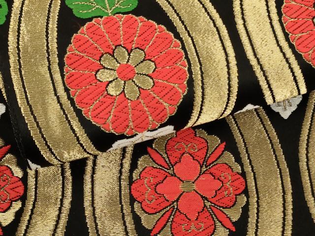 平和屋着物[]子供　全通柄袋帯　唐織　立涌花文　黒地　金糸　正絹　逸品　AABK9283ja
