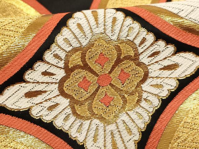平和屋着物[]子供　全通柄袋帯　唐織　七宝花菱文　黒地　金糸　正絹　逸品　AABK9284ja