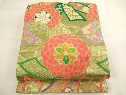 平和屋着物[]子供　全通柄袋帯　束ね熨斗短冊花文　金糸　AABK9287ja