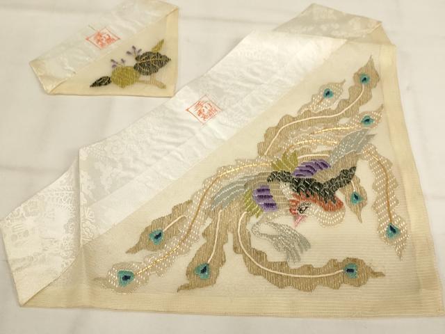 平和屋本店▼夏物　打敷　内敷2点セット　三角　紗　駒刺繍　鳳凰草花文　法衣　寺院　仏具　仏教　僧侶　神職　装束　AABK9318ja