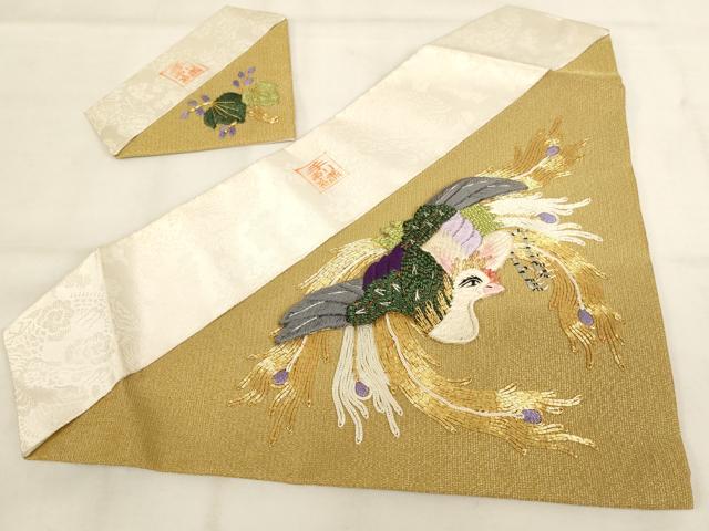 平和屋本店▼打敷　内敷2点セット　三角　金襴　鳳凰草花文　法衣　寺院　仏具　仏教　僧侶　神職　装束　AABK9319ja