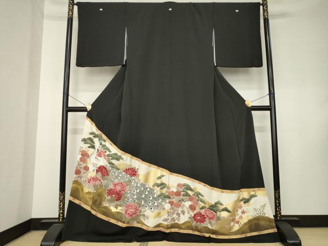 平和屋着物●豪華黒留袖　刺繍　孔雀花文　金彩　正絹　逸品　AABK9323ck