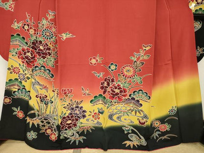 平和屋着物●豪華振袖　紅型　流水花鳥籬文　暈し染め　正絹　逸品　AABK9333ck