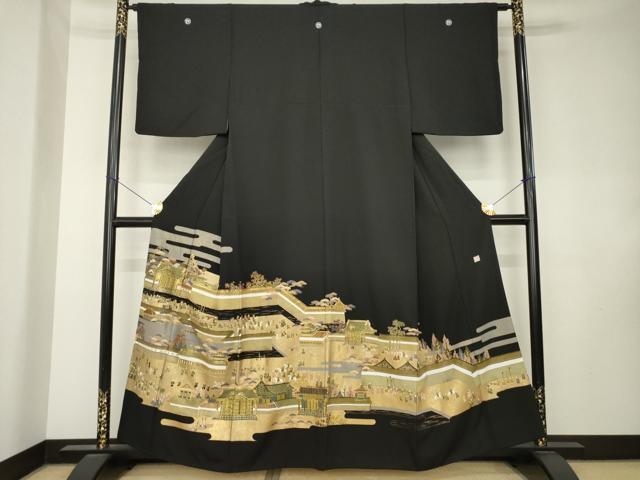 平和屋着物●陶流染　西村仙寿　黒留袖　駒刺繍　人物風景文　金彩　正絹　逸品　AABK9336ck